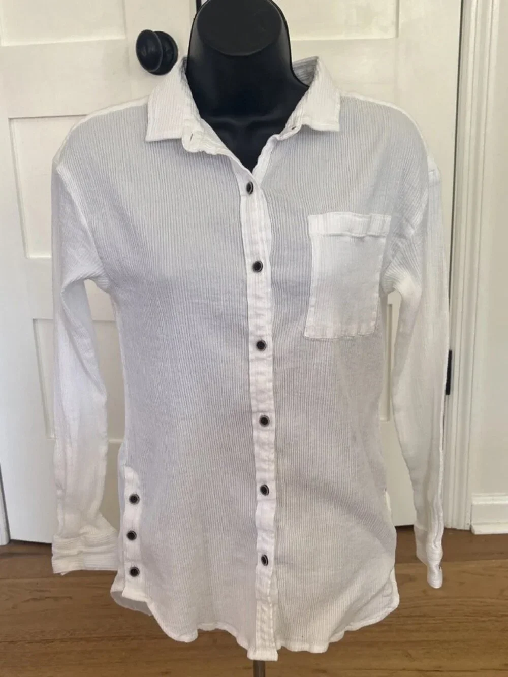 prAna White Button Front Shirt XS Ribbed Cotton Long Sleeve Casual Boho - Picture 1 of 9